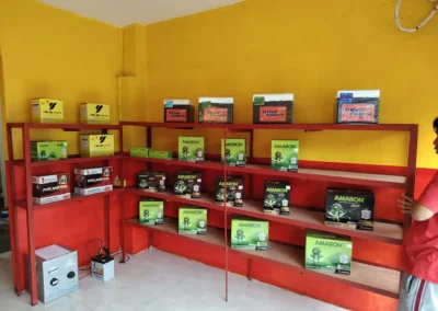 Organized battery display featuring Amaron and Motolite brands inside Jet Battery Trading store in Rizal