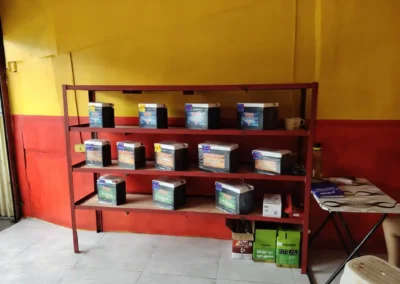 Full rack view of Motolite car batteries at Jet Battery Trading service area in Rizal